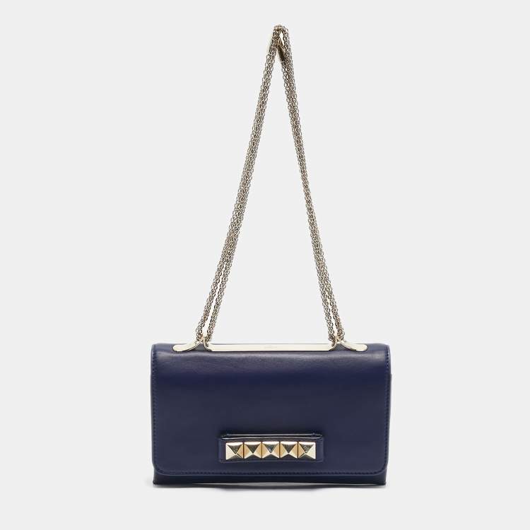 Pre Owned Valentino Navy Blue Leather Rockstud Va Va Voom Chain Clutch