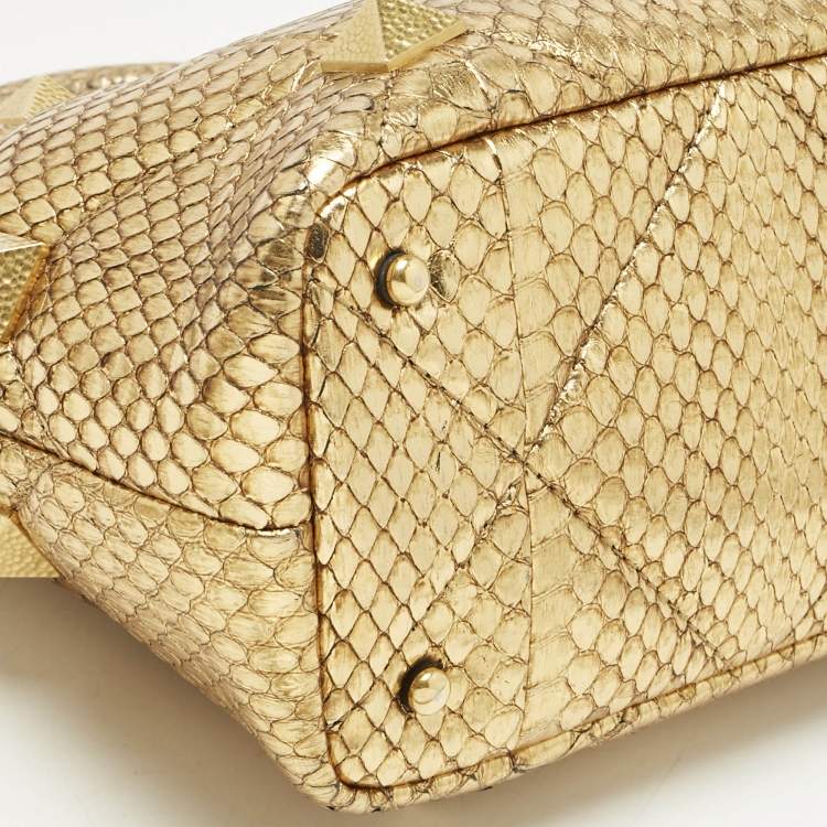 Pre Owned Valentino Gold Python Small Roman Stud Top Handle Bag