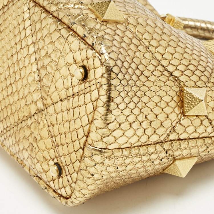 Pre Owned Valentino Gold Python Small Roman Stud Top Handle Bag