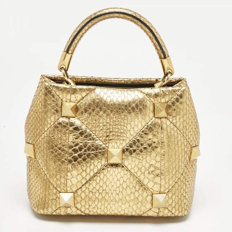 Pre Owned Valentino Gold Python Small Roman Stud Top Handle Bag