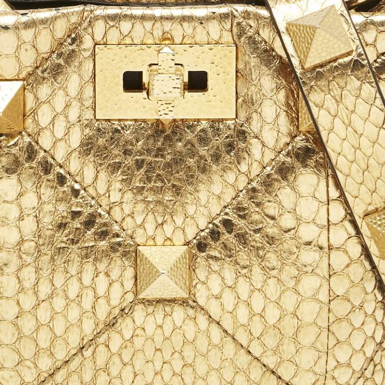 Pre Owned Valentino Gold Python Small Roman Stud Top Handle Bag