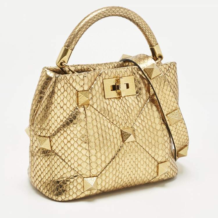 Pre Owned Valentino Gold Python Small Roman Stud Top Handle Bag