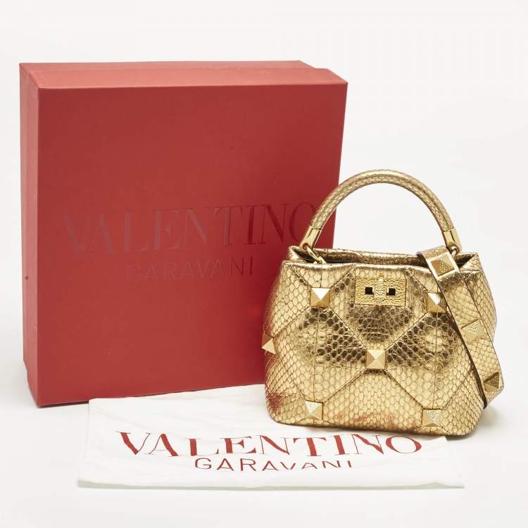 Pre Owned Valentino Gold Python Small Roman Stud Top Handle Bag