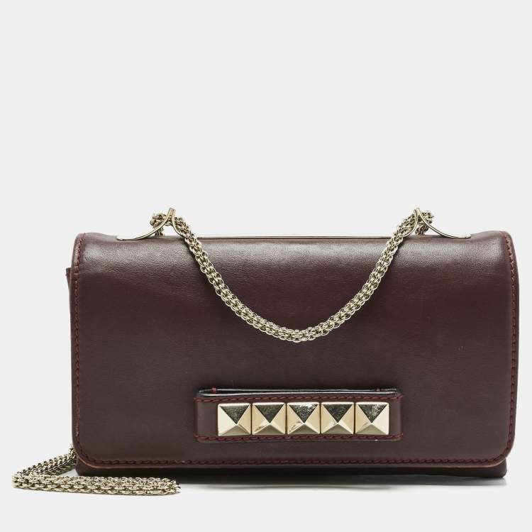 Pre Owned Valentino Burgundy Leather Va Va Voom Chain Clutch