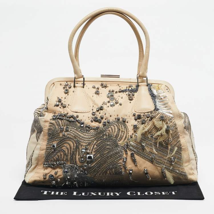 Pre Owned Valentino Two Tone Beige Leather Embellished Alice Glam Frame Satchel
