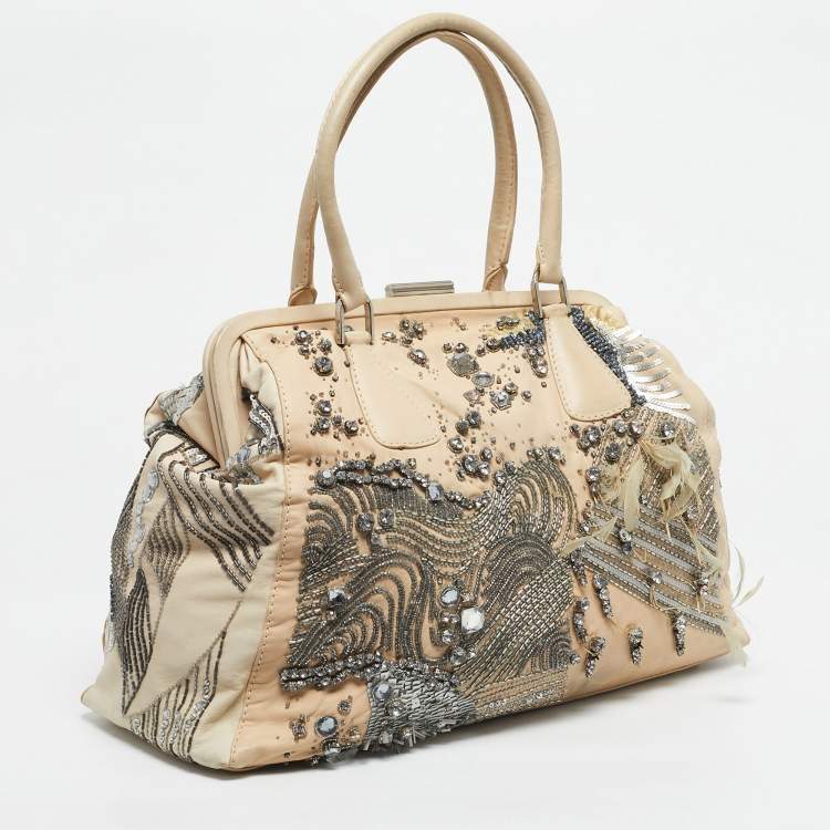 Pre Owned Valentino Two Tone Beige Leather Embellished Alice Glam Frame Satchel
