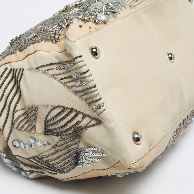 Pre Owned Valentino Two Tone Beige Leather Embellished Alice Glam Frame Satchel