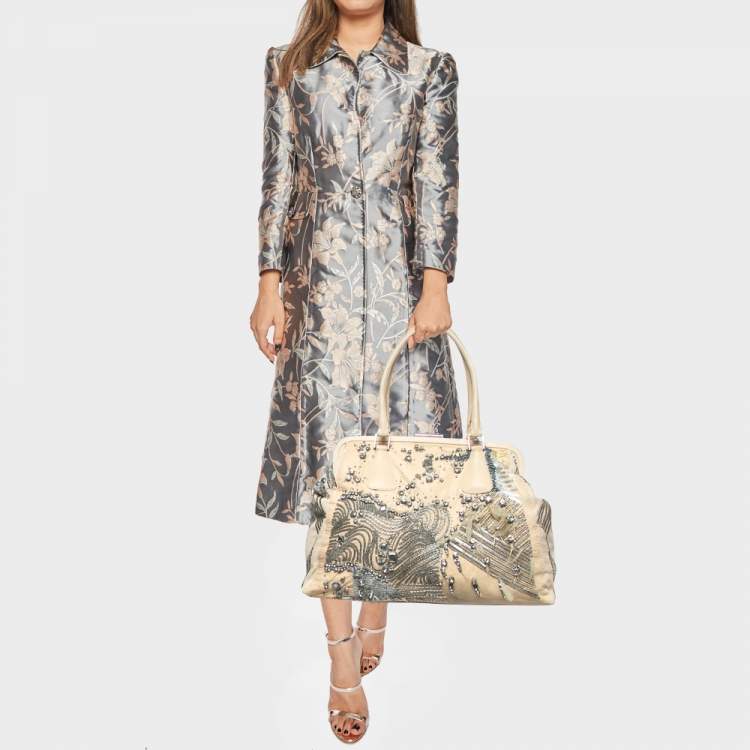 Pre Owned Valentino Two Tone Beige Leather Embellished Alice Glam Frame Satchel
