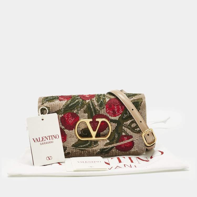 Pre Owned Valentino Beige Embroidered Beads and Leather Vain Clutch