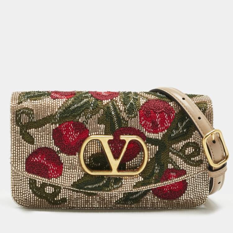 Pre Owned Valentino Beige Embroidered Beads and Leather Vain Clutch