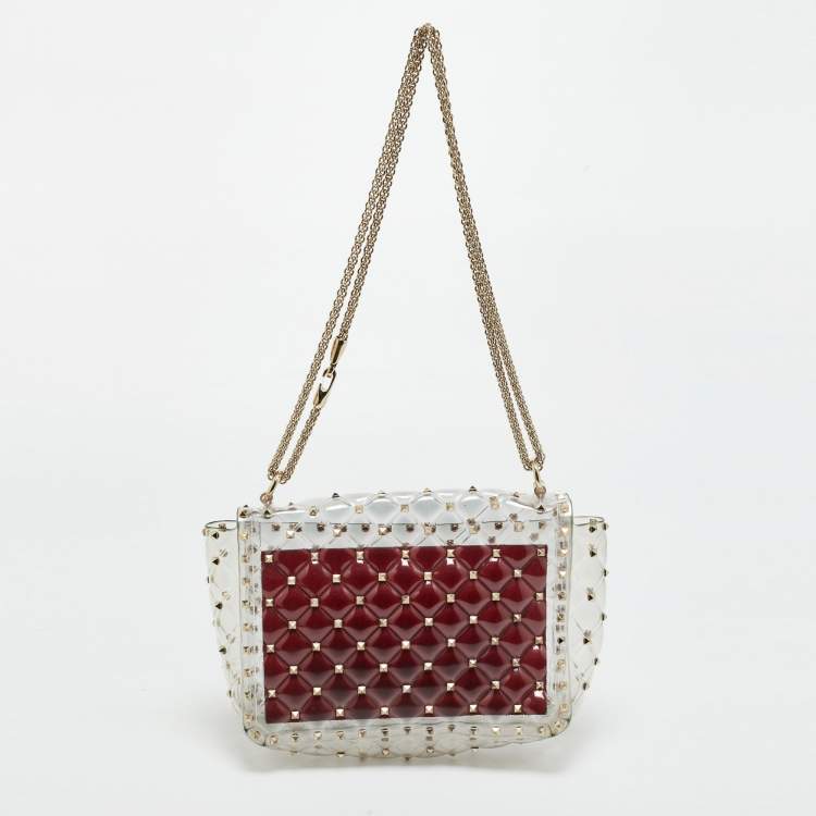 Pre Owned Valentino Clear/Red PVC Medium Rockstud Spike Top Handle Bag