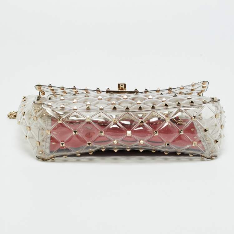 Pre Owned Valentino Clear/Red PVC Medium Rockstud Spike Top Handle Bag