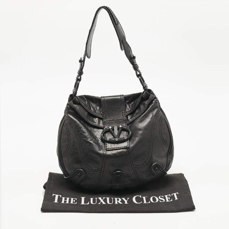 Pre Owned Valentino Black Leather Catch Crystals Hobo