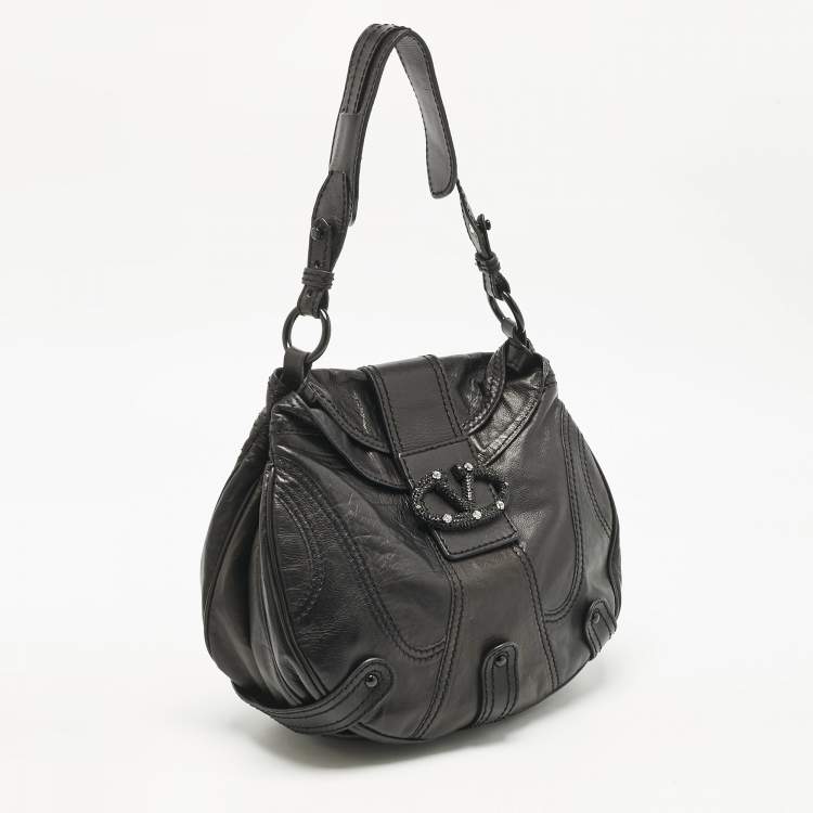 Pre Owned Valentino Black Leather Catch Crystals Hobo