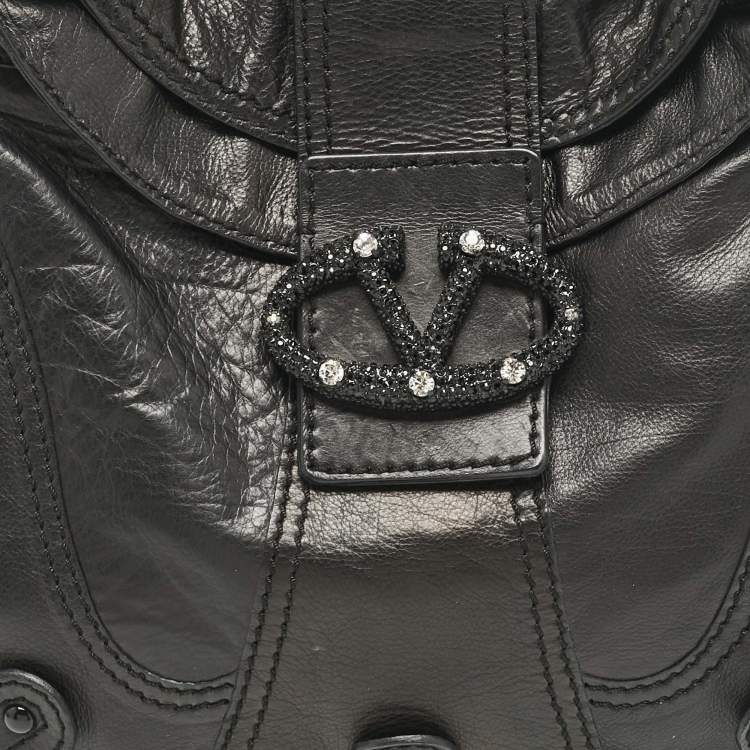 Pre Owned Valentino Black Leather Catch Crystals Hobo
