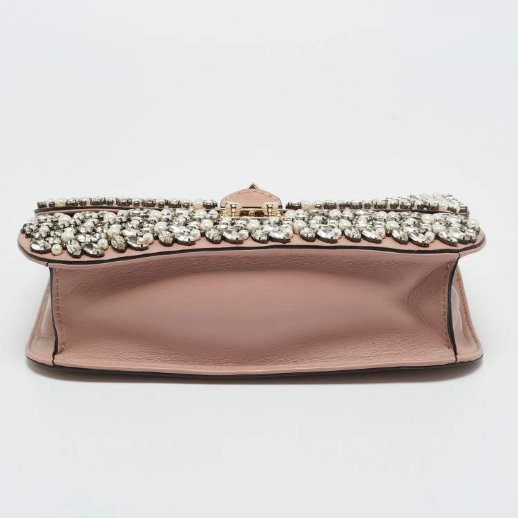 Pre Owned Valentino Light Pink Leather Medium Rockstud Glam Crystals Embellished Lock Flap Bag