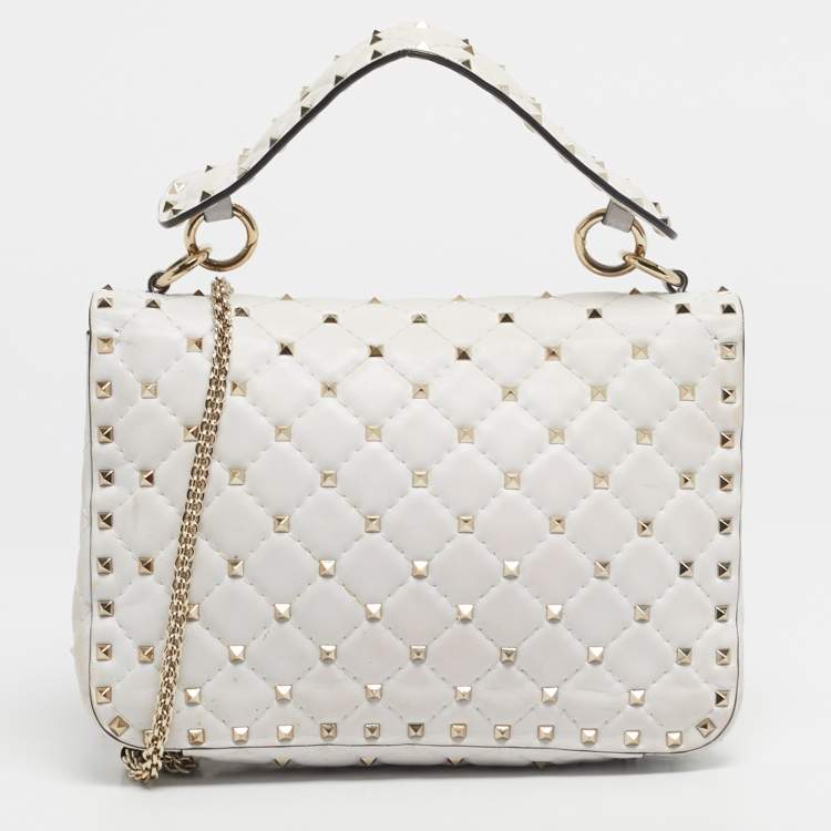 Pre Owned Valentino White Quilted Leather Medium VLTN Rockstud Spike Top Handle Bag