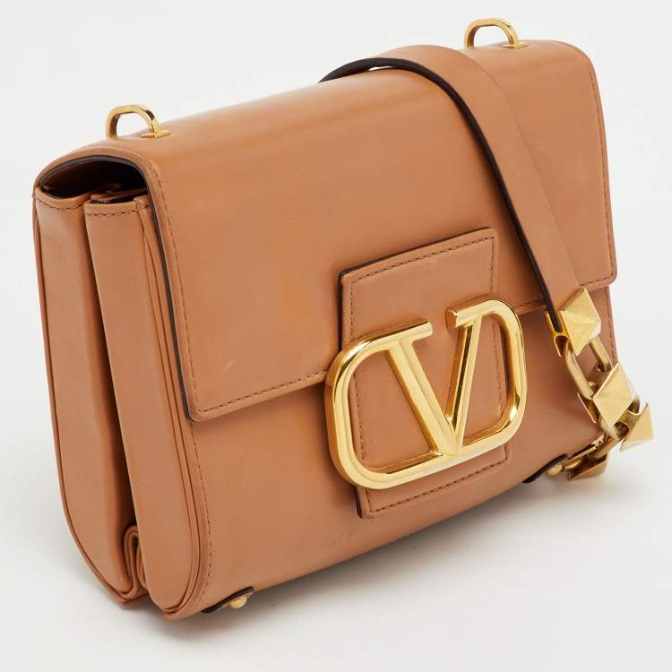 Pre Owned Valentino Tan Leather Stud Sign Flap Shoulder Bag