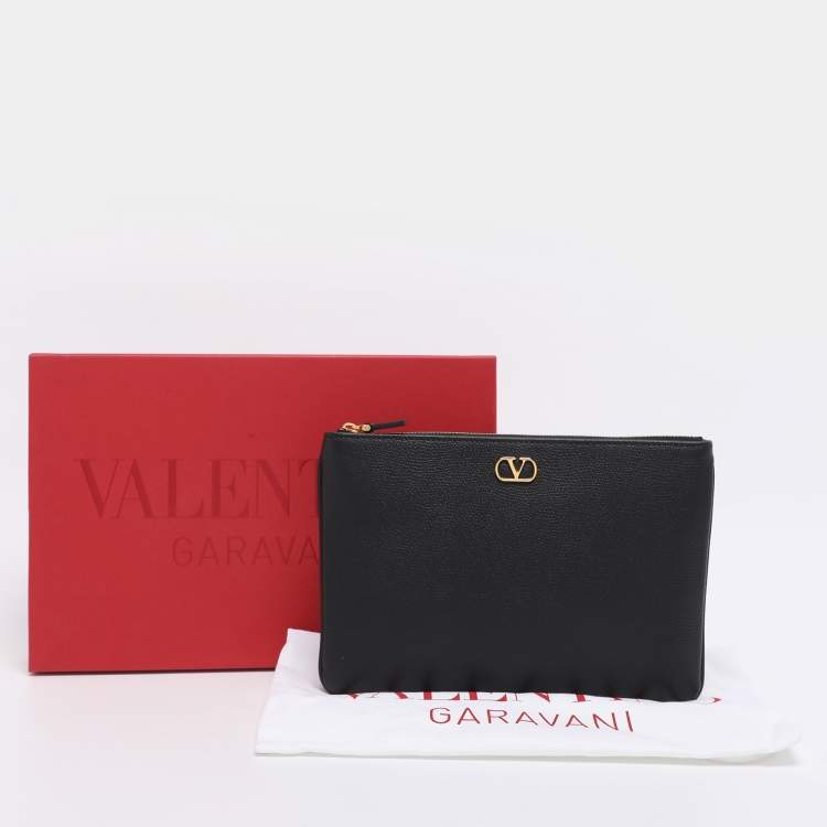 Pre Owned Valentino Black Leather VLogo Zip Pouch Clutch