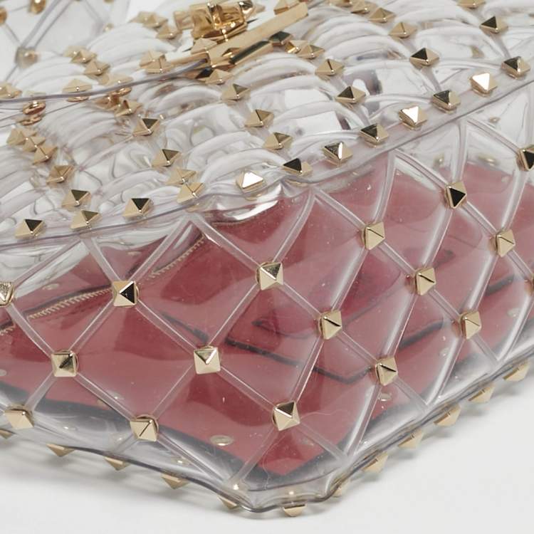 Pre Owned Valentino Transparent /Red PVC Medium Rockstud Spike Top Handle Bag