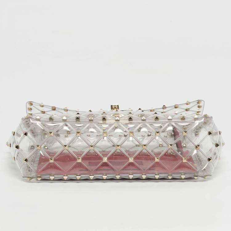 Pre Owned Valentino Transparent /Red PVC Medium Rockstud Spike Top Handle Bag