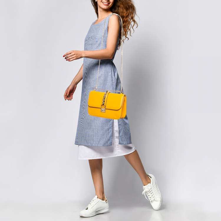 Pre Owned Valentino Dark Yellow Leather Large Glam Lock Flap Bag