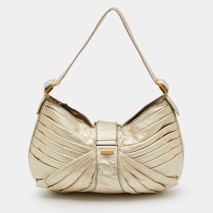 Pre Owned Valentino Garavani Metallic Gold Leather Pleated Shoulder Bag