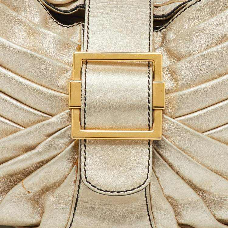Pre Owned Valentino Garavani Metallic Gold Leather Pleated Shoulder Bag