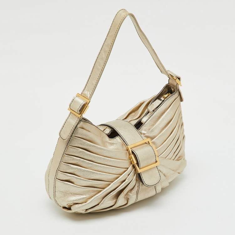 Pre Owned Valentino Garavani Metallic Gold Leather Pleated Shoulder Bag