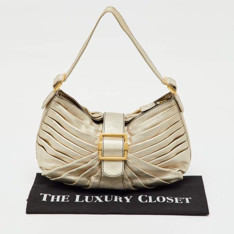 Pre Owned Valentino Garavani Metallic Gold Leather Pleated Shoulder Bag