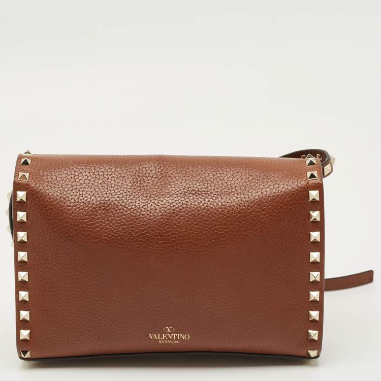 Pre Owned Valentino Brown Leather Rockstud Flap Crossbody Bag