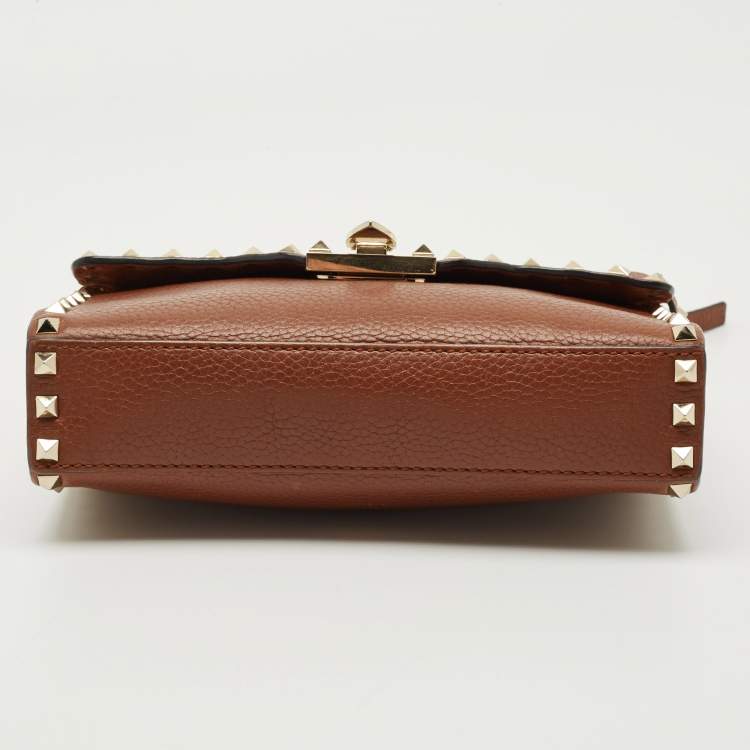 Pre Owned Valentino Brown Leather Rockstud Flap Crossbody Bag