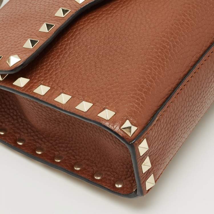 Pre Owned Valentino Brown Leather Rockstud Flap Crossbody Bag