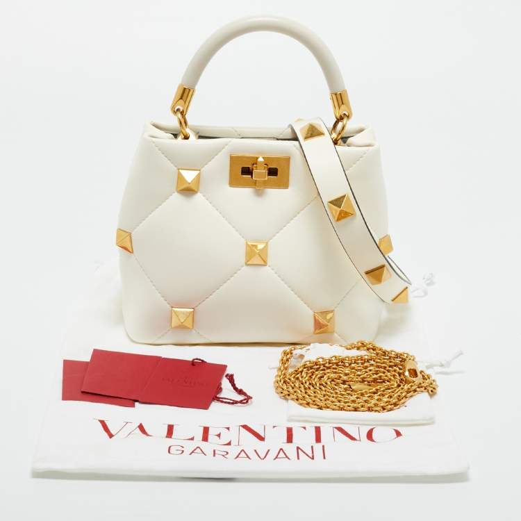 Pre Owned Valentino Cream Quilted Leather Small Roman Stud Top Handle Bag