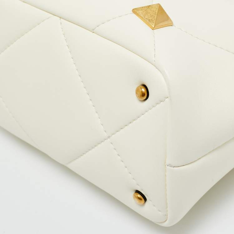 Pre Owned Valentino Cream Quilted Leather Small Roman Stud Top Handle Bag