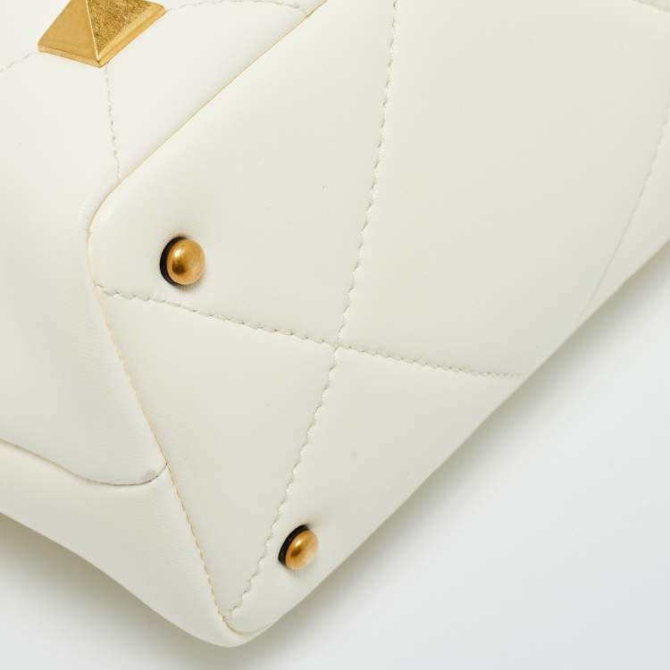 Pre Owned Valentino Cream Quilted Leather Small Roman Stud Top Handle Bag