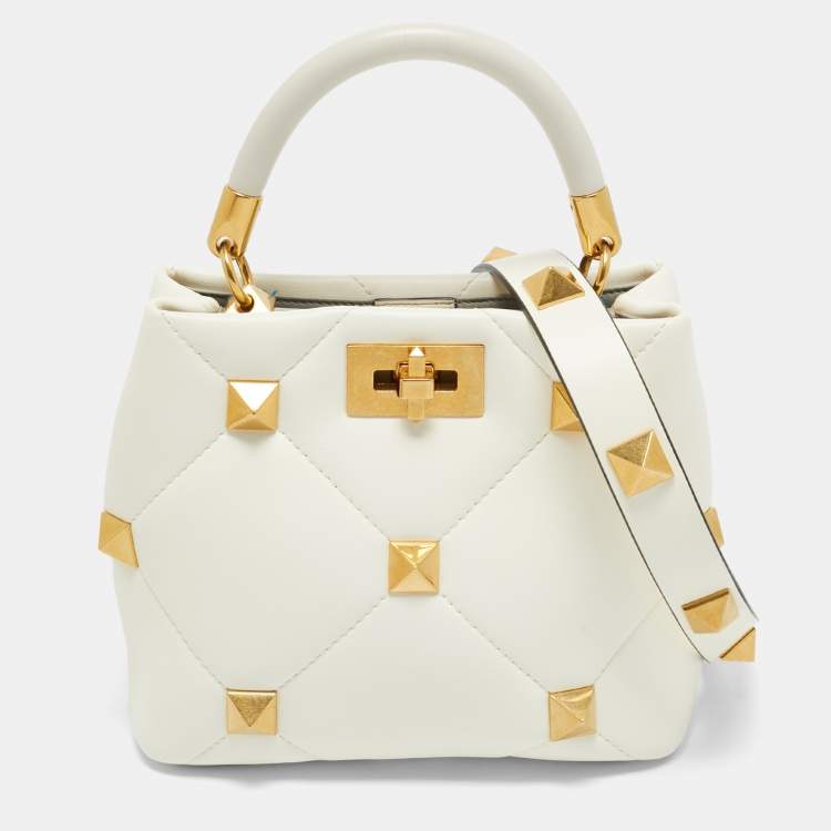 Pre Owned Valentino Cream Quilted Leather Small Roman Stud Top Handle Bag