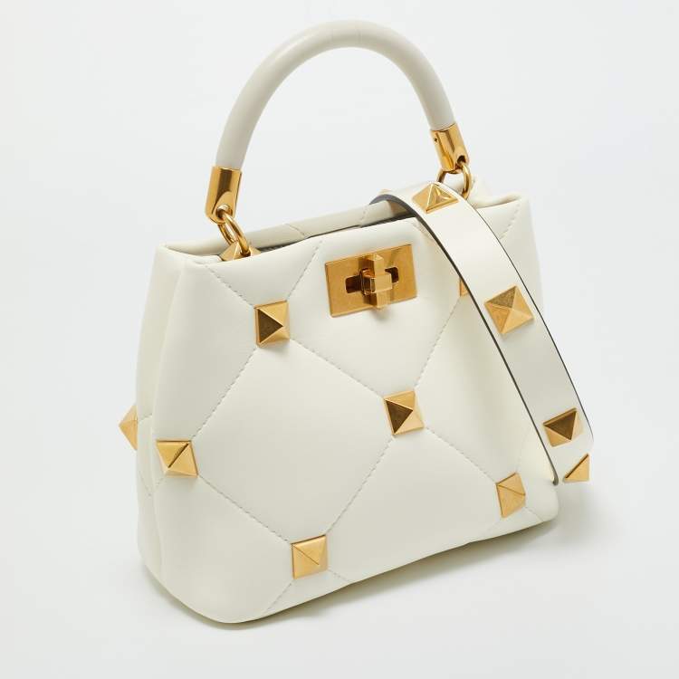 Pre Owned Valentino Cream Quilted Leather Small Roman Stud Top Handle Bag
