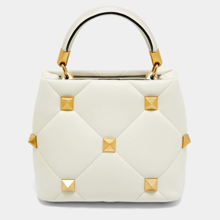Pre Owned Valentino Cream Quilted Leather Small Roman Stud Top Handle Bag