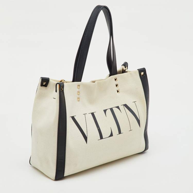 Pre Owned Valentino Off White/Black Canvas and Leather VLTN Logo Small Rockstud Tote
