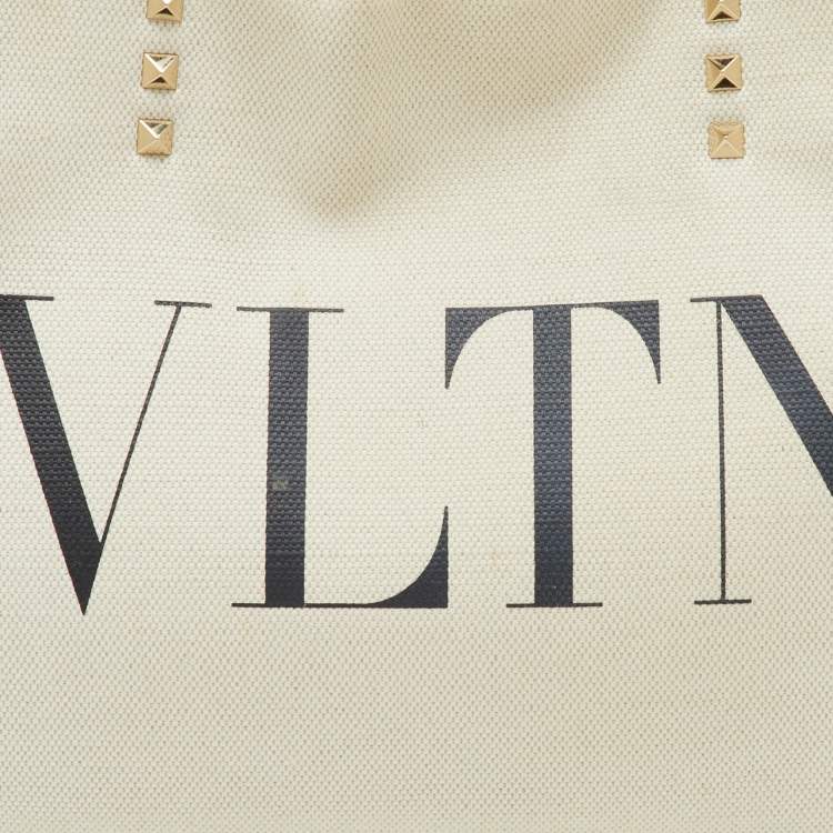 Pre Owned Valentino Off White/Black Canvas and Leather VLTN Logo Small Rockstud Tote