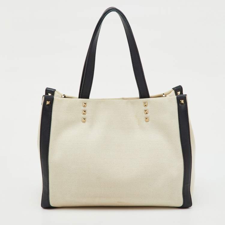 Pre Owned Valentino Off White/Black Canvas and Leather VLTN Logo Small Rockstud Tote