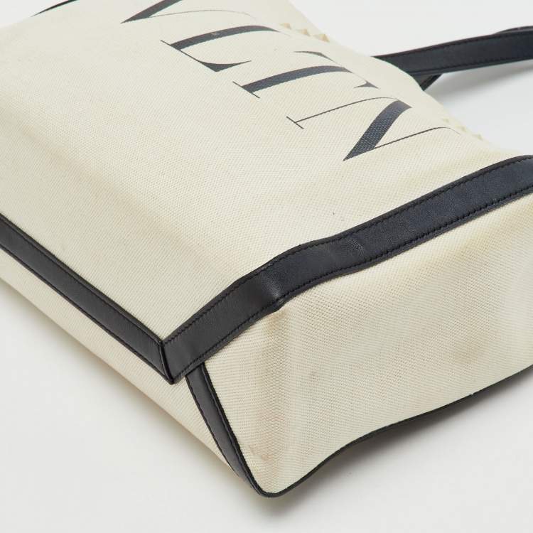 Pre Owned Valentino Off White/Black Canvas and Leather VLTN Logo Small Rockstud Tote