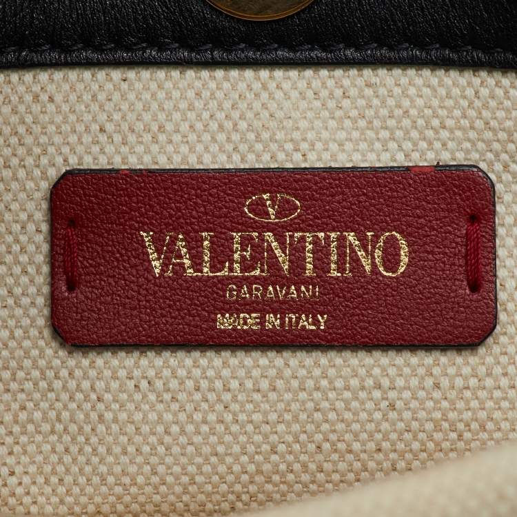 Pre Owned Valentino Off White/Black Canvas and Leather VLTN Logo Small Rockstud Tote