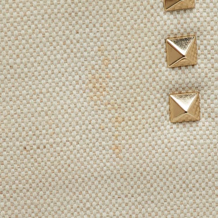 Pre Owned Valentino Off White/Black Canvas and Leather VLTN Logo Small Rockstud Tote