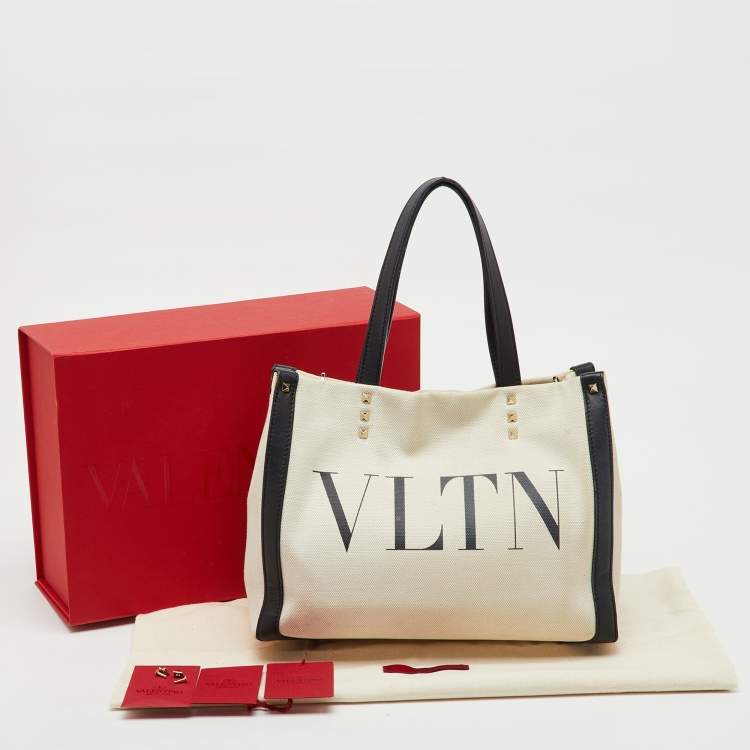 Pre Owned Valentino Off White/Black Canvas and Leather VLTN Logo Small Rockstud Tote