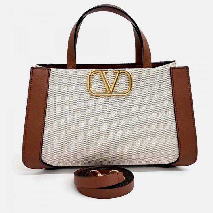 Pre Owned Valentino Beige Brown PVC V-logo tote and shoulder bag