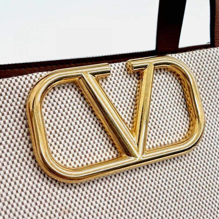 Pre Owned Valentino Beige Brown PVC V-logo tote and shoulder bag