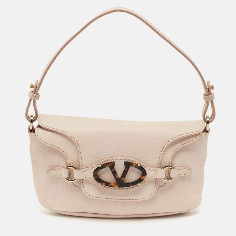 Pre Owned Valentino Light Pink Leather VLogo Flap Shoulder Bag