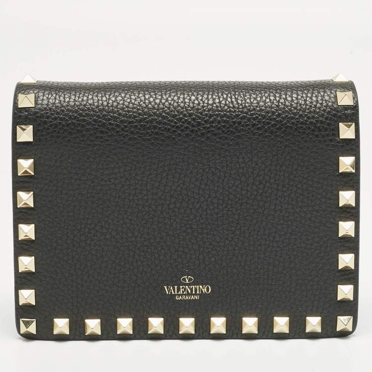 Pre Owned Valentino Black Leather Rockstud Flap Wallet on Chain